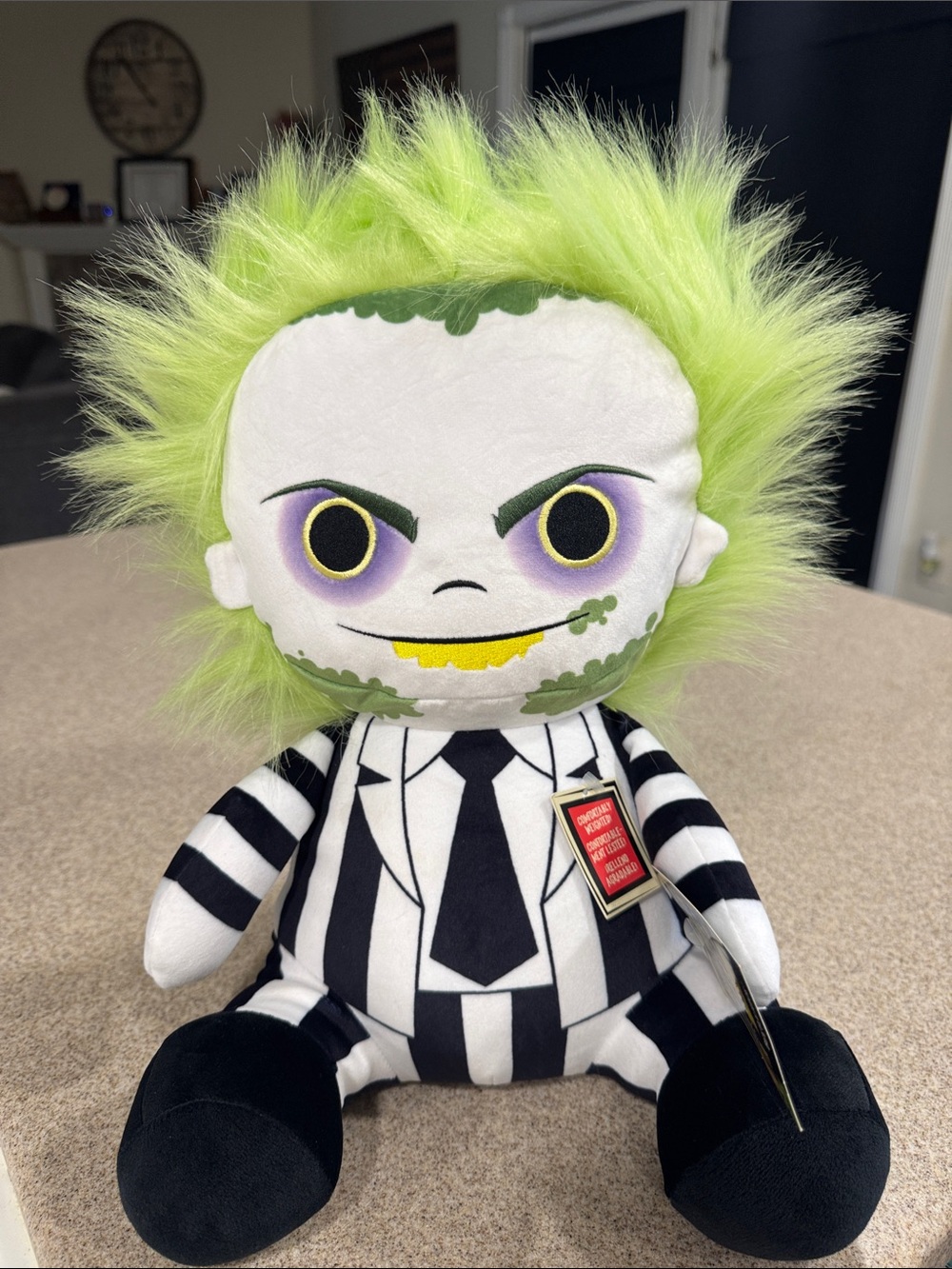 Disney Plush Character with Neon Green Hair and Black-White Striped Suit
